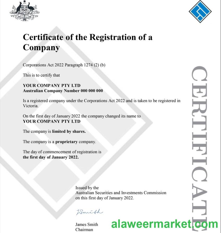 Australian Securities and Investments Commission's (ASIC) Certificate of Company Registration 1